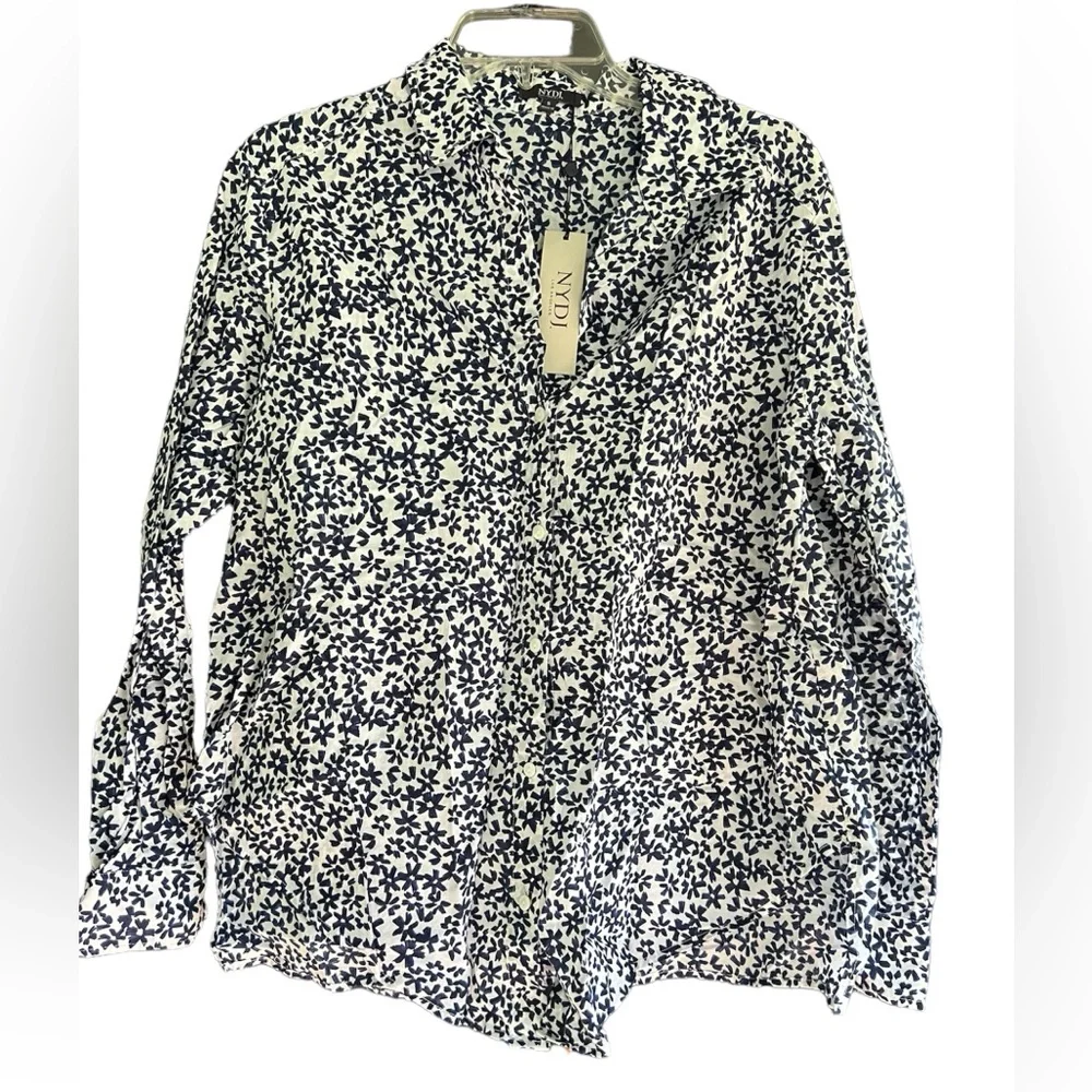 NYDJ White and Navy Floral Button Up Blouse - Picture 1 of 2
